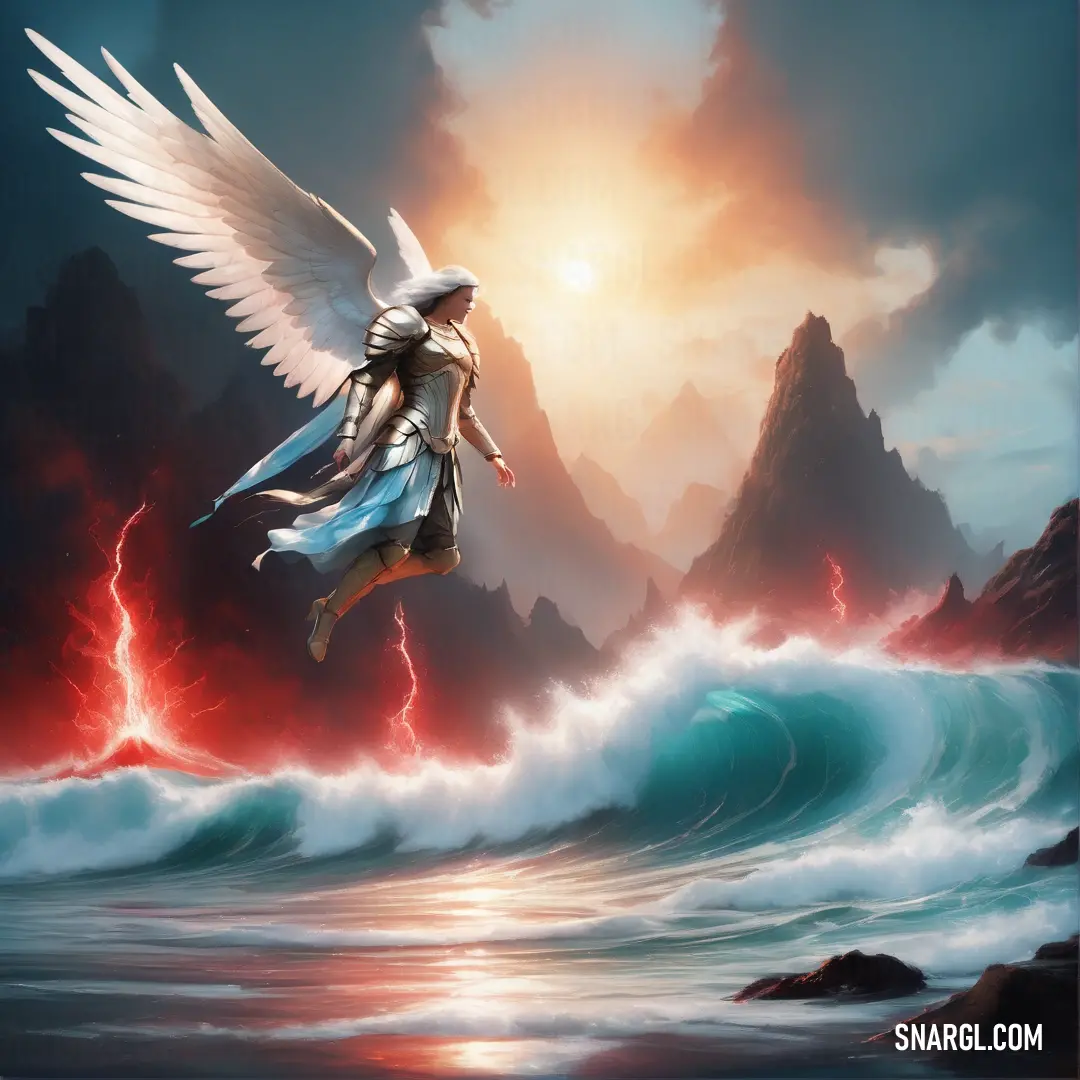 Painting of a female Archangel with wings flying over a body of water with a mountain in the background and a sun shining behind her