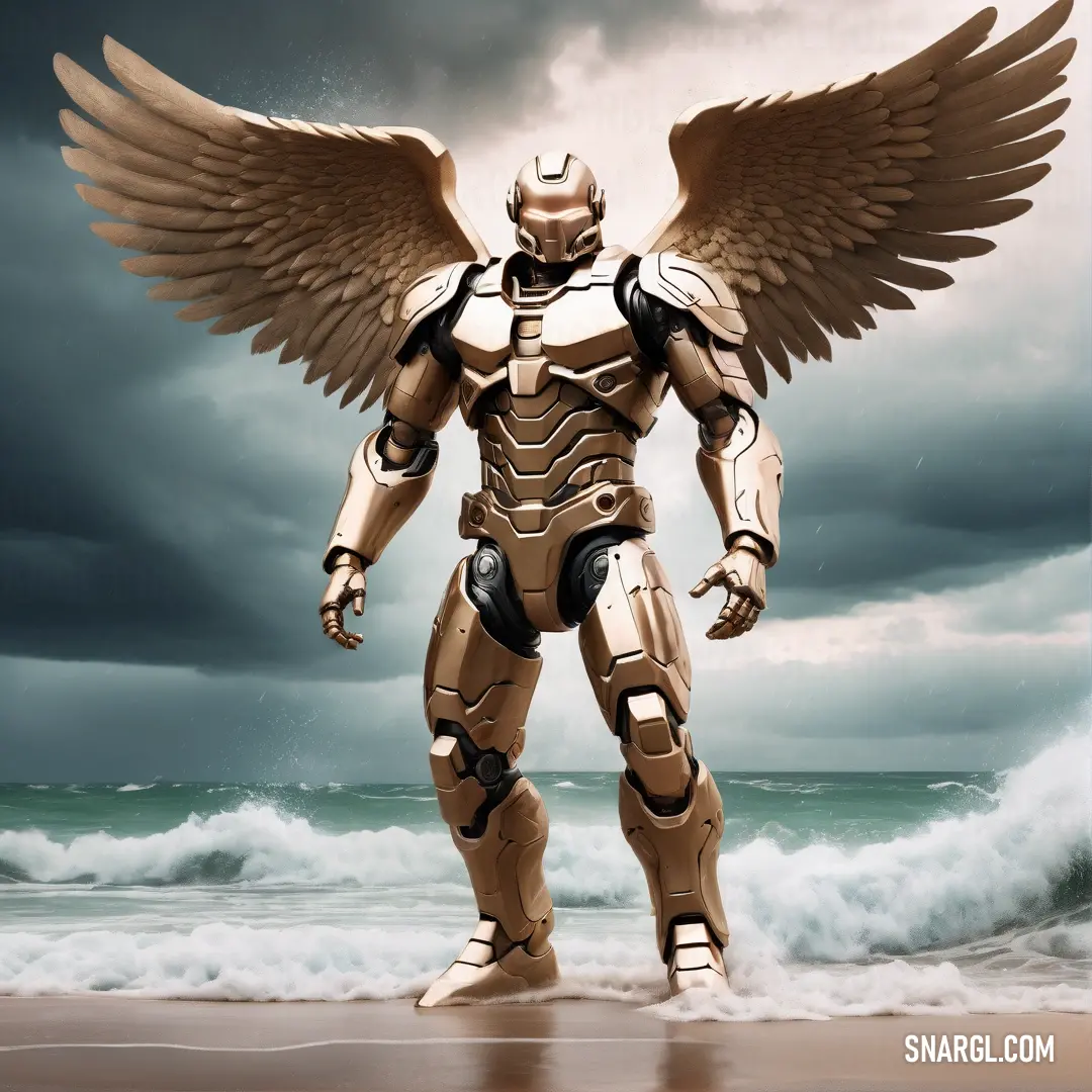Archangel with wings standing on a beach near the ocean with a storm in the background and a dark sky