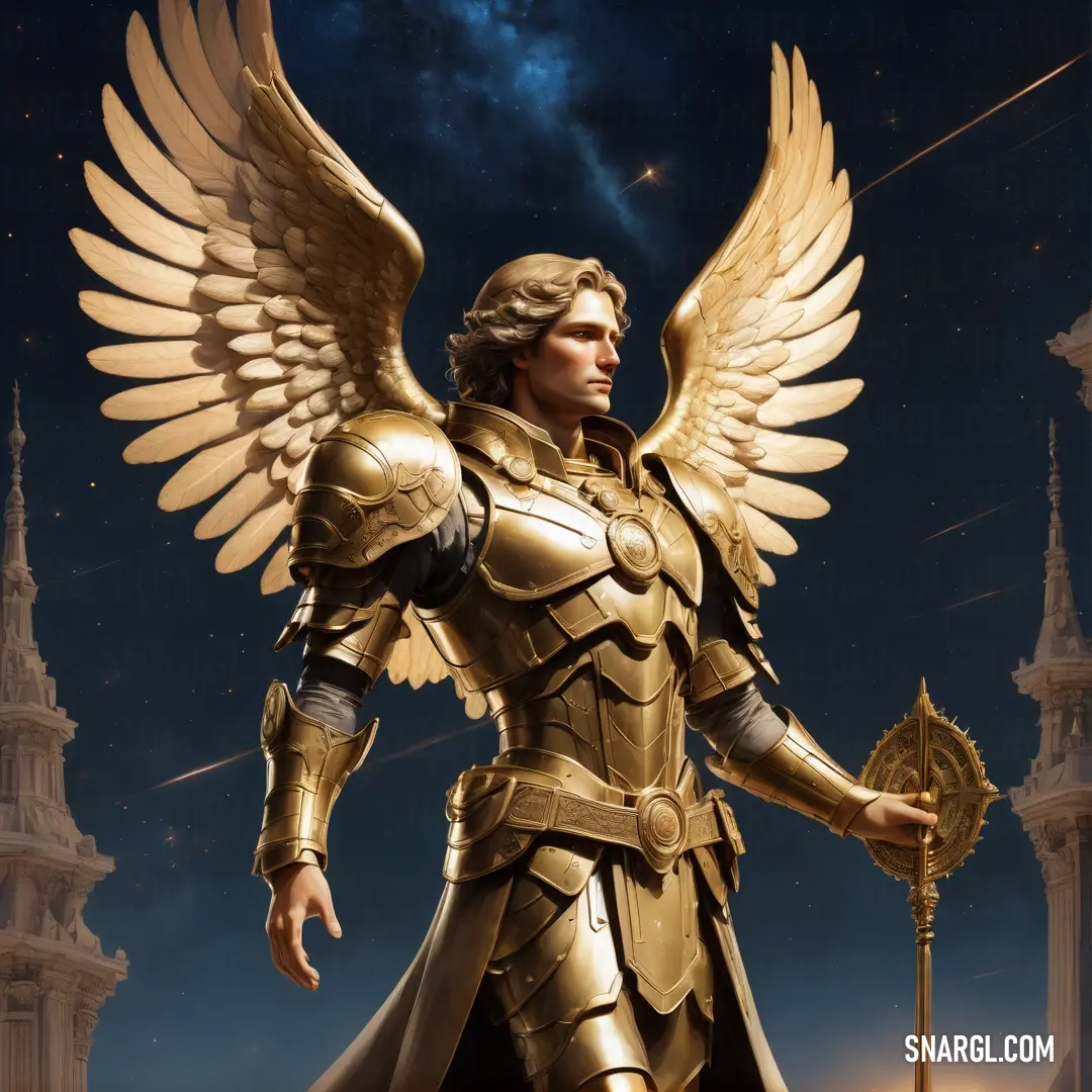 Statue of a male Archangel in armor with wings and a sword in his hand
