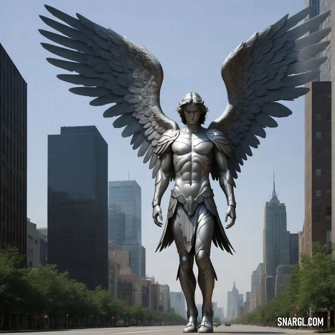 Statue of a male Archangel with wings in a city street with skyscrapers in the background