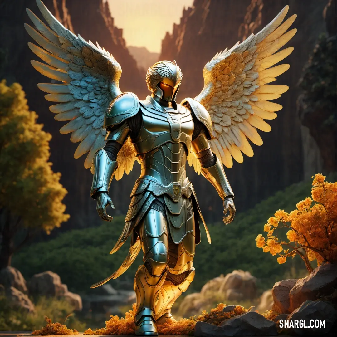 Statue of a male Archangel with wings and armor on a mountain side with trees and rocks in the background