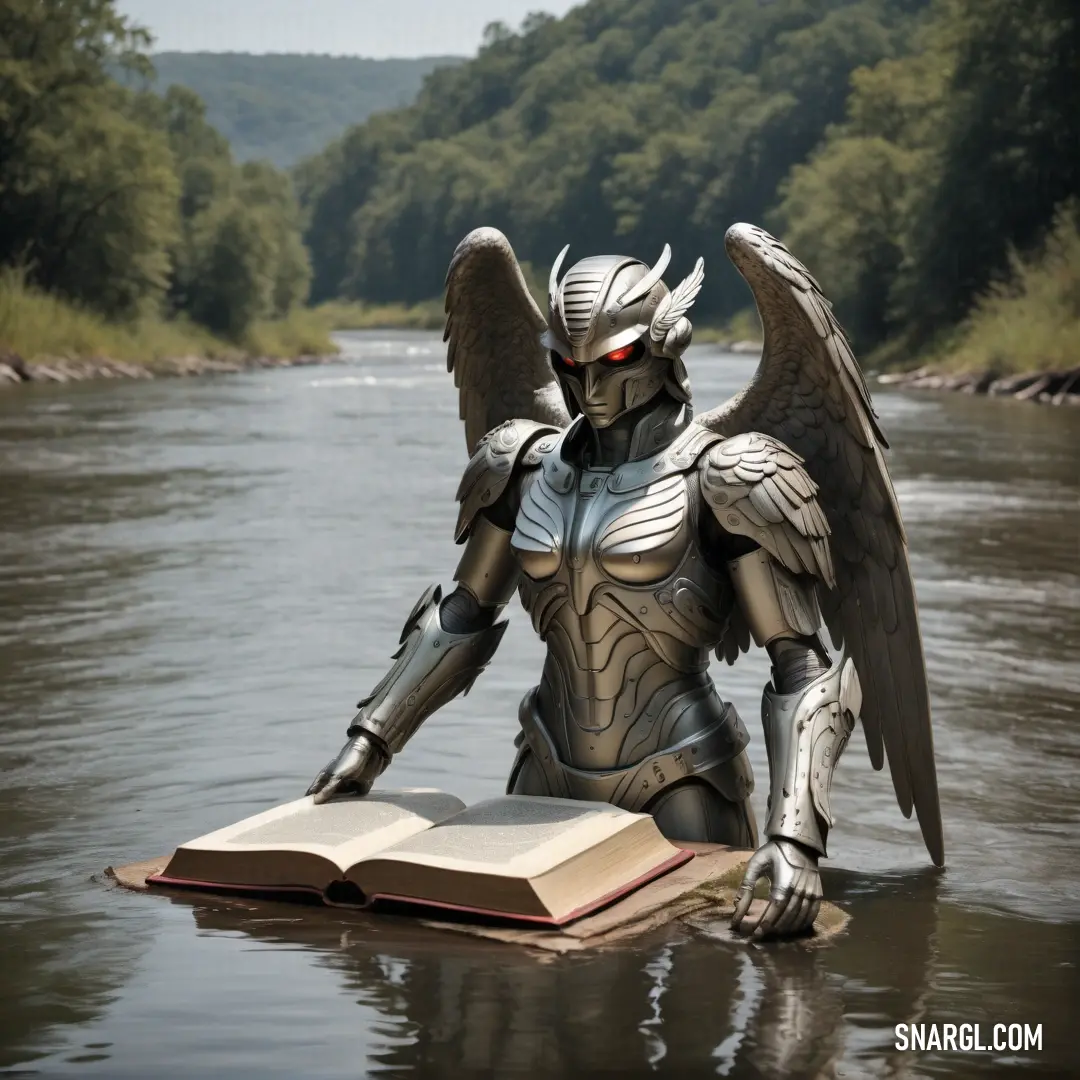 Statue of a male Archangel with wings in the water with a book in his hand