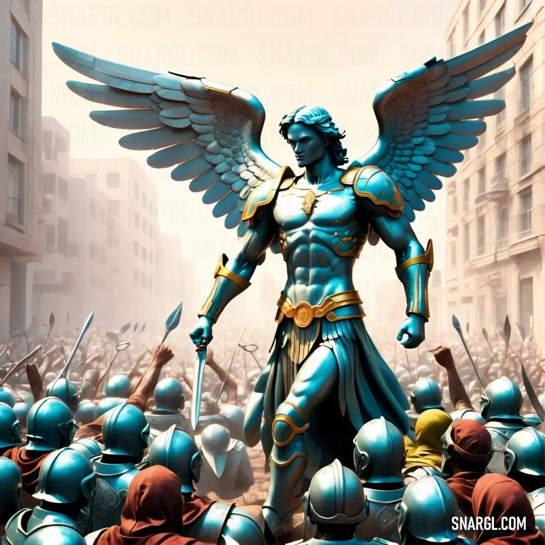 Statue of a male Archangel with wings standing in front of a crowd of people in armor and helmets with swords