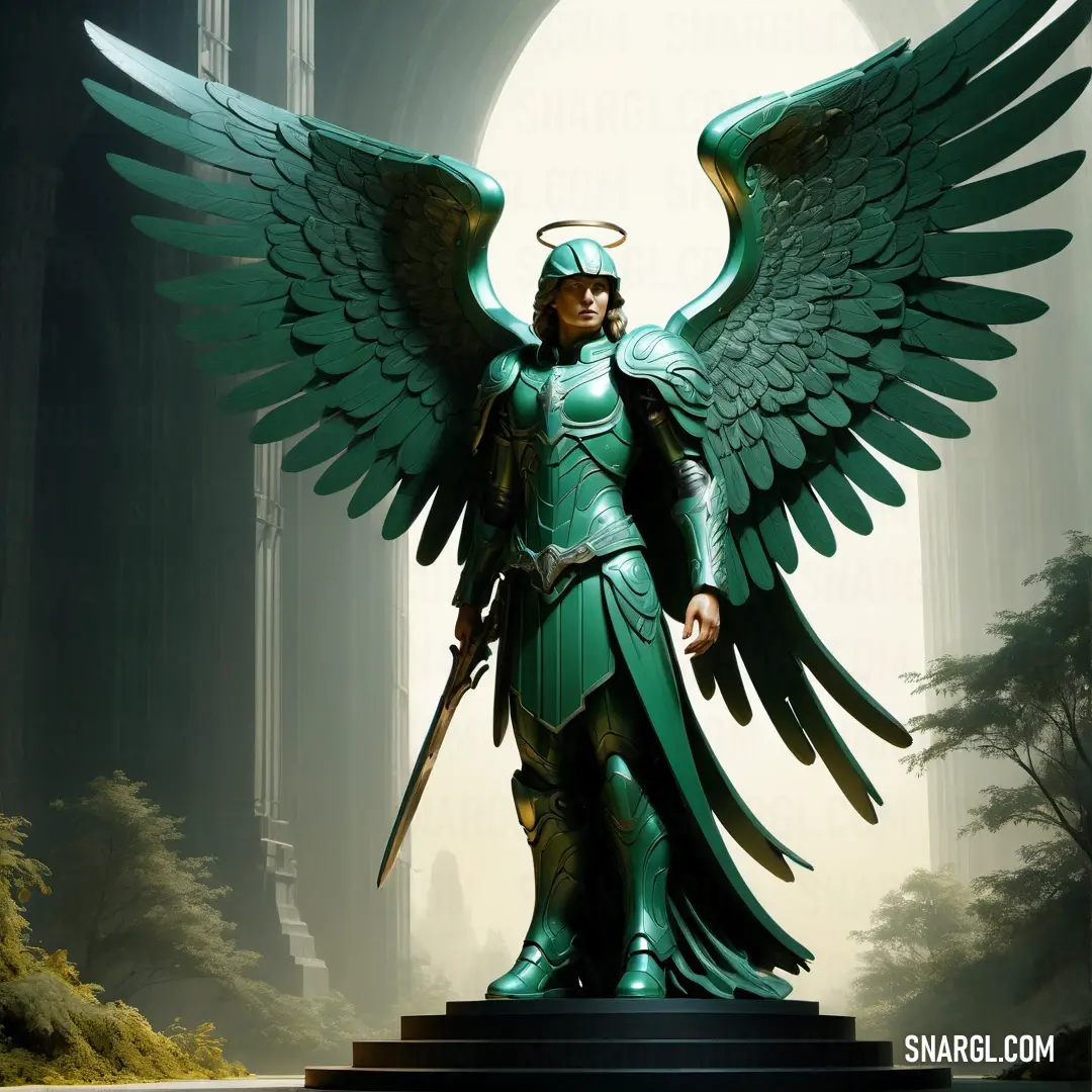 Statue of a female Archangel with wings and a sword in her hand