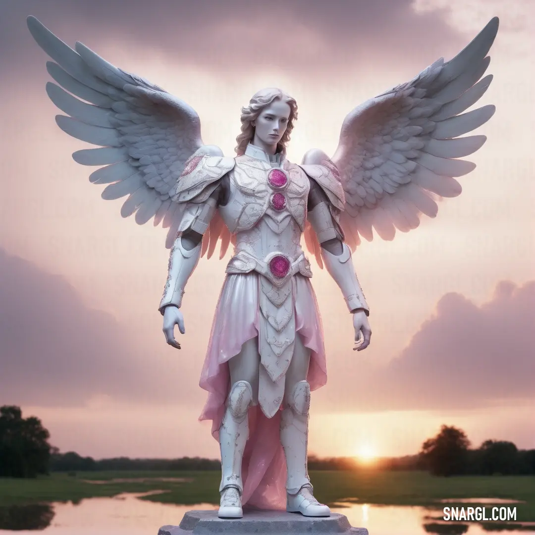 Statue of a female Archangel with wings and a halo around her neck and chest