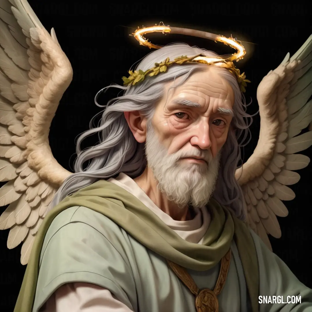 Statue of an old male Archangel with a halo and wings on his head