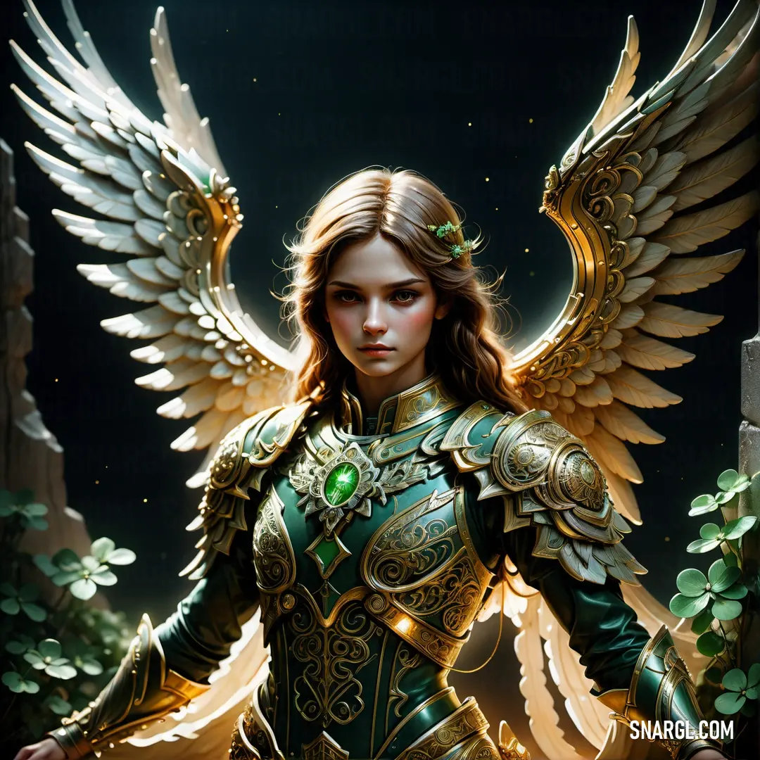 Archangel dressed in a green and gold outfit with wings on her shoulders and a green