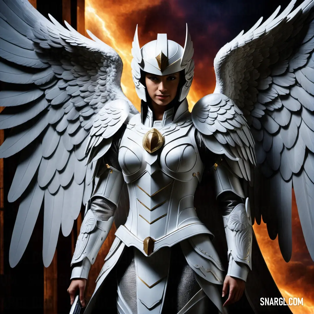 Archangel dressed in a white armor with wings and a sword in her hand