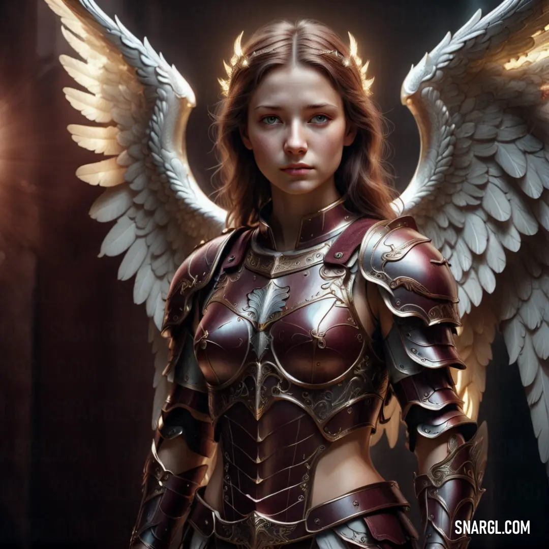 Archangel dressed in armor with wings on her chest