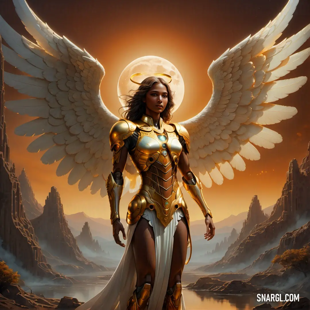 Archangel dressed in gold and white with wings on her head and body