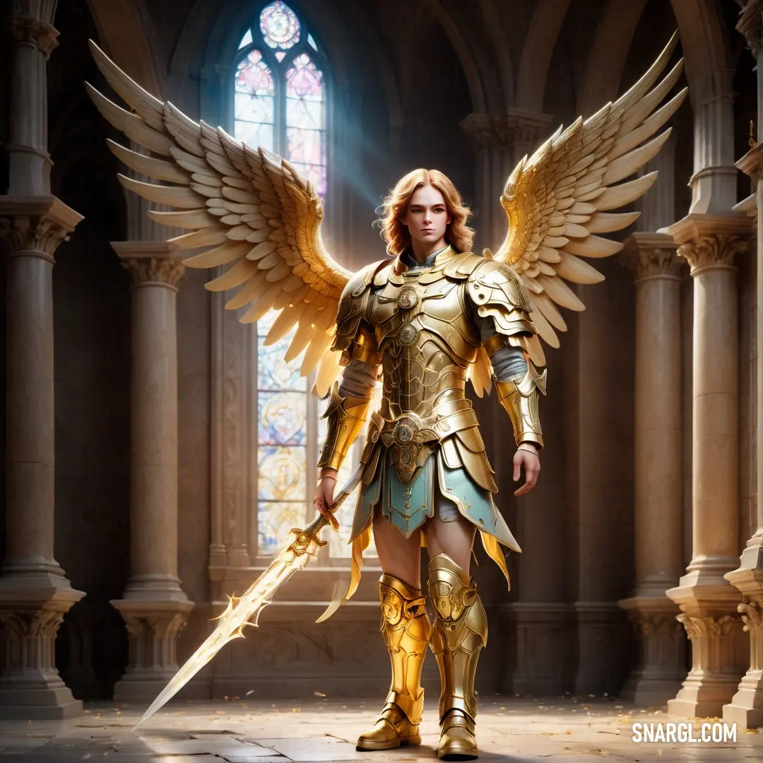 Archangel dressed in gold and blue with wings and a sword in her hand and a large window behind her