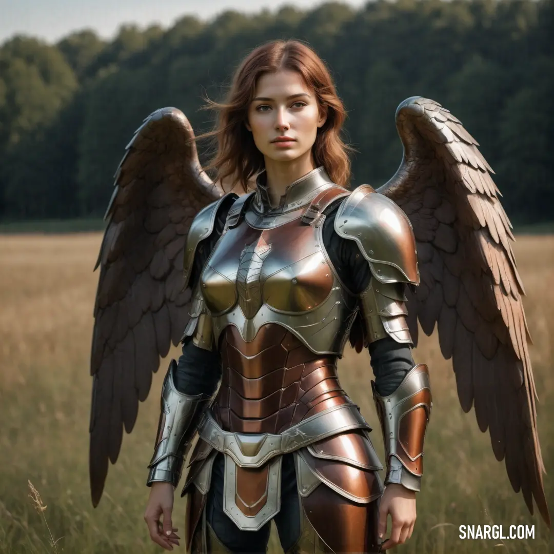 Archangel in a armor with wings standing in a field of grass with trees in the background