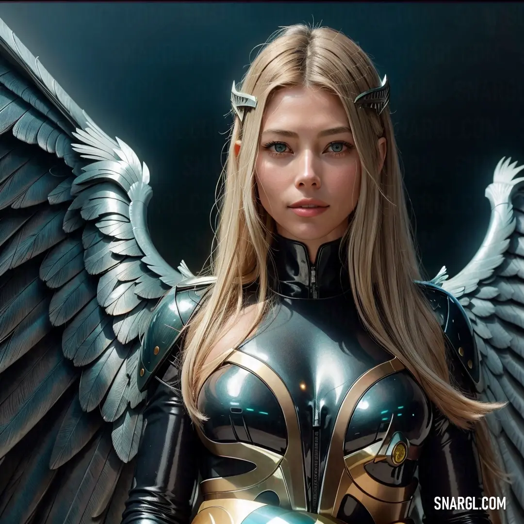 Archangel in a black and gold suit with wings on her chest