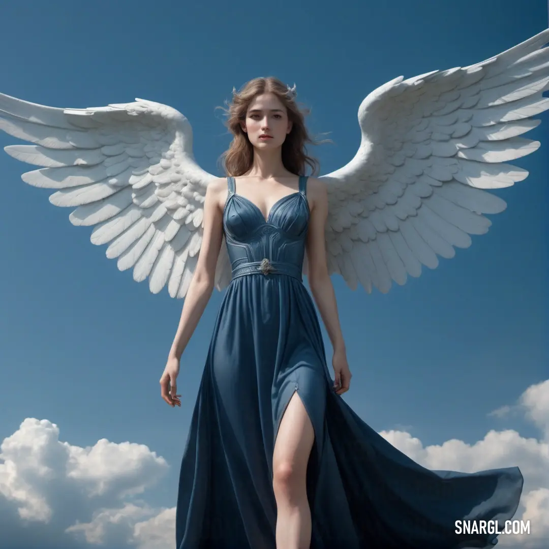 Archangel in a blue dress with wings on her head and a sky background with clouds