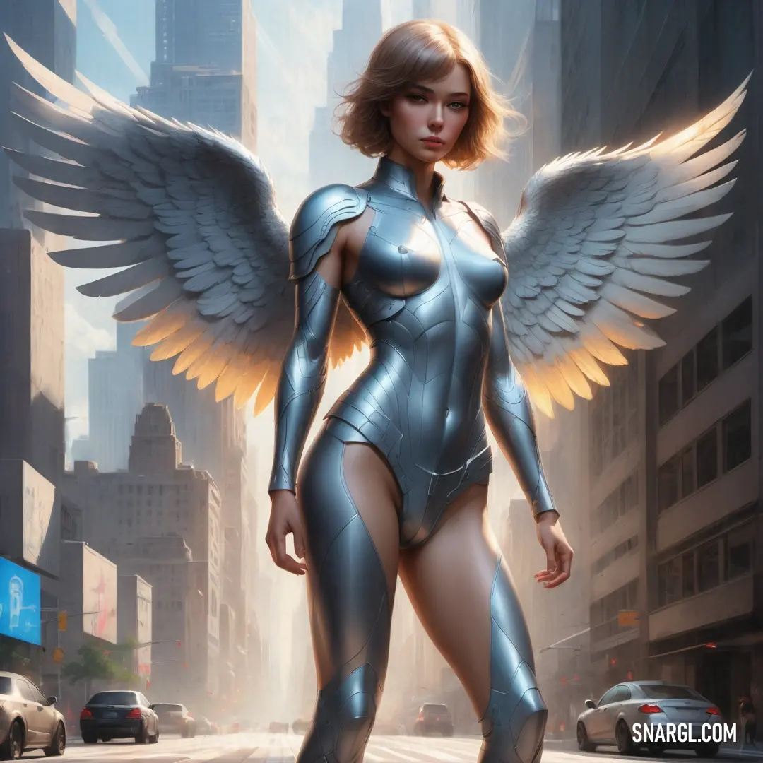 Archangel in a futuristic suit with wings on a city street with cars and buildings in the background