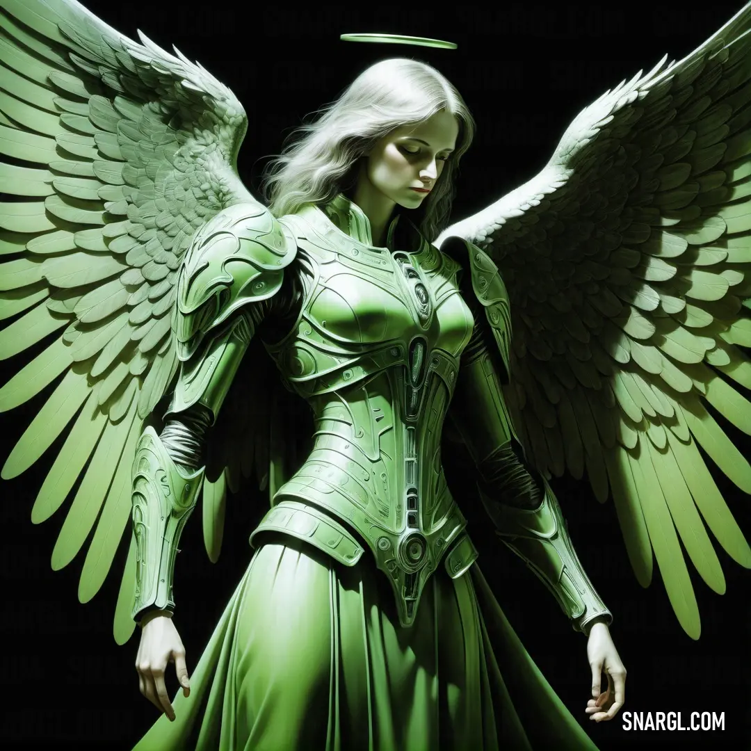Archangel in a green dress with wings on her head