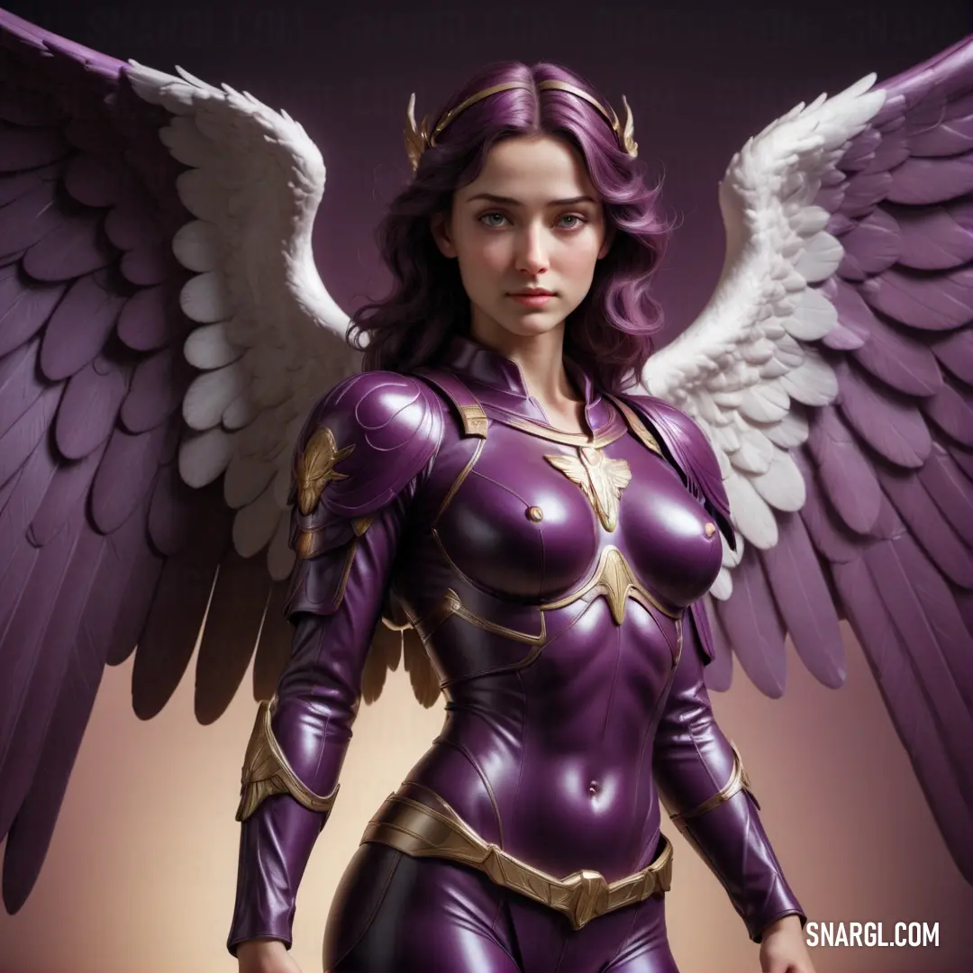 Archangel in a purple outfit with wings on her chest