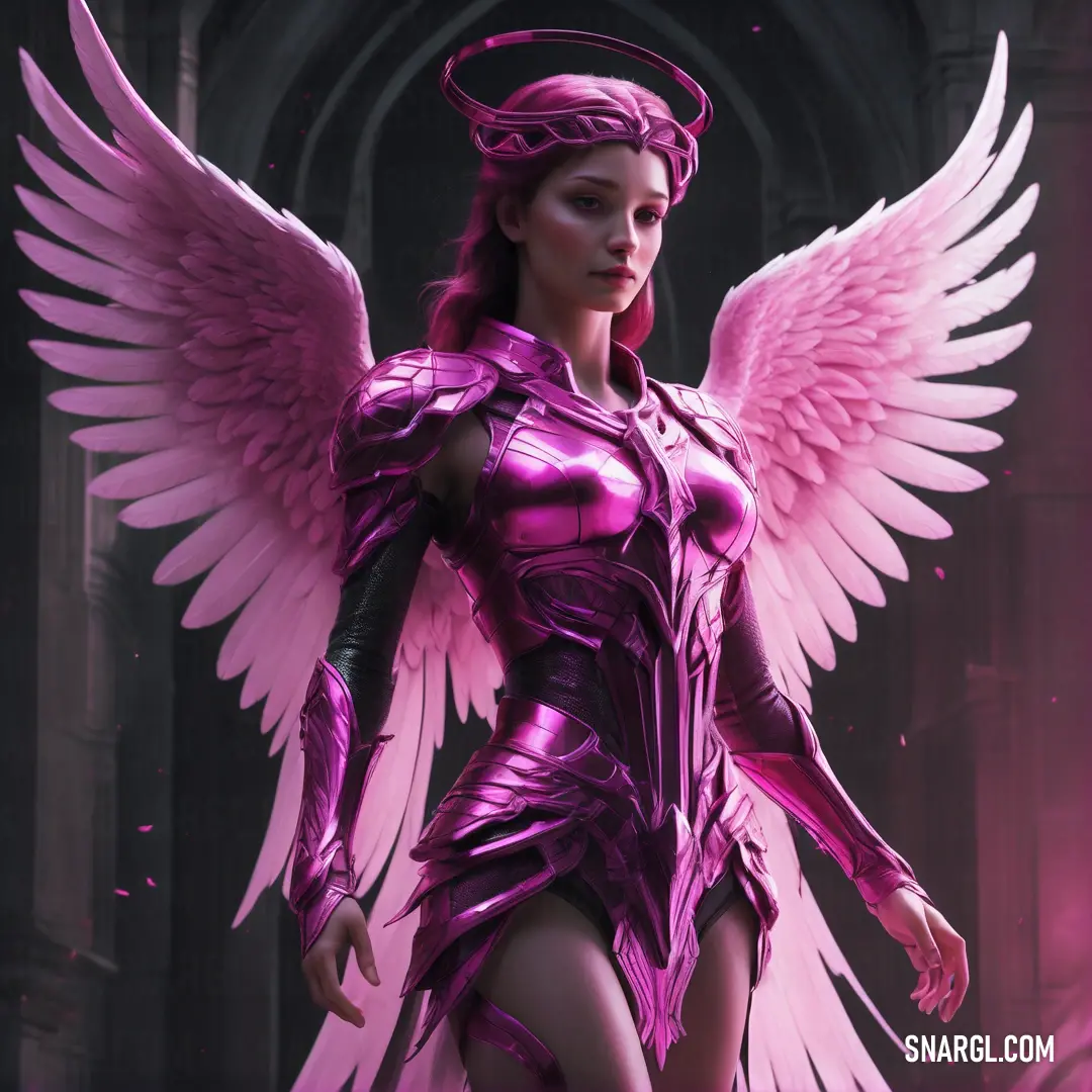 Archangel in a purple outfit with angel wings and a halo around her head and a pink background