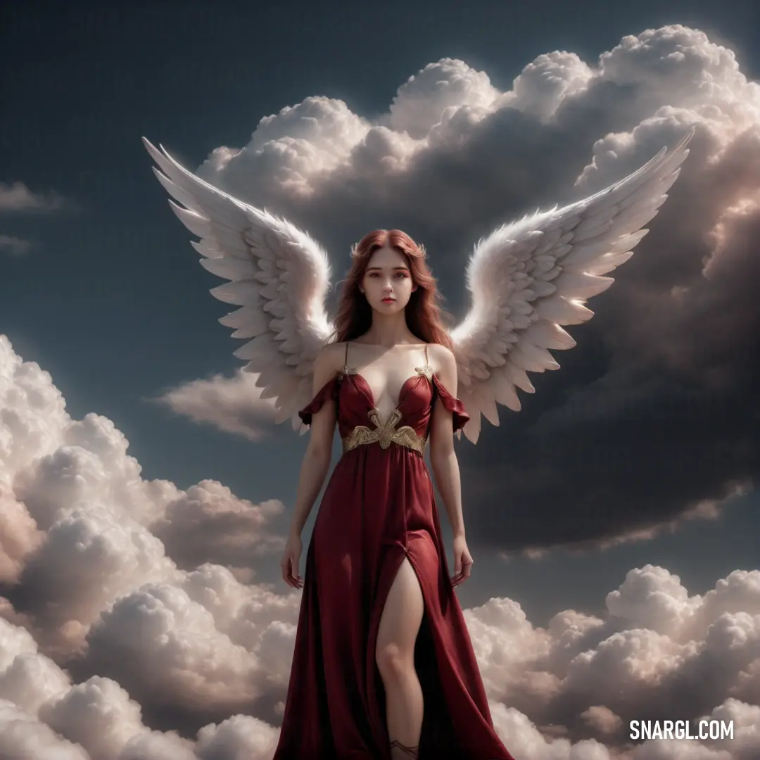 Archangel in a red dress with wings standing on a cloud covered ground with a sky background and clouds