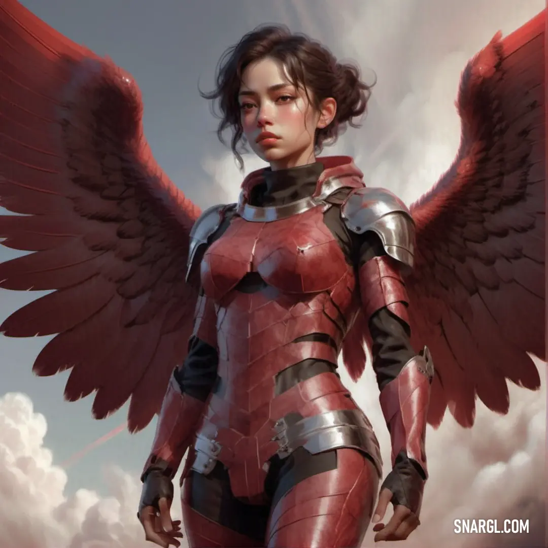 Archangel in a red suit with wings on her chest