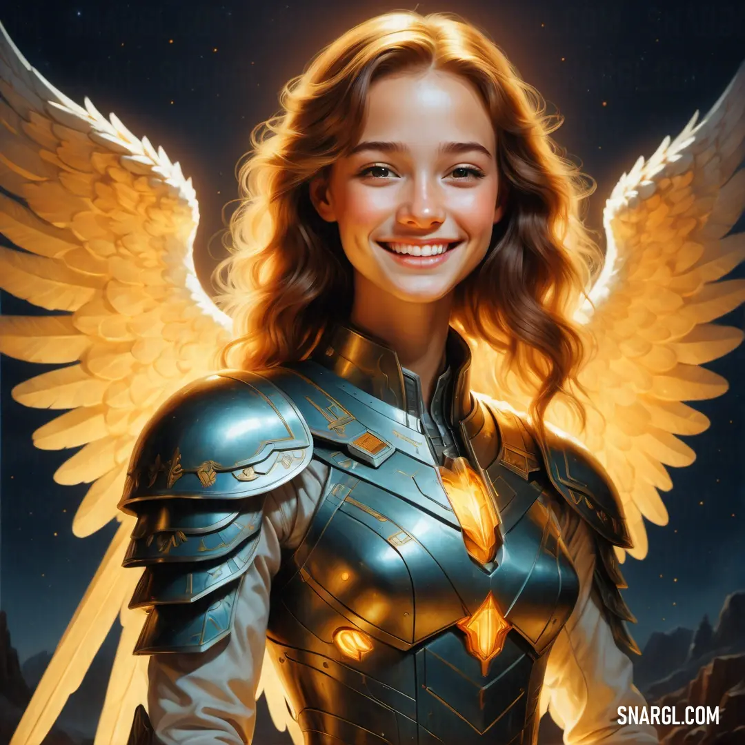 Archangel in a suit with wings on her chest and a smile on her face