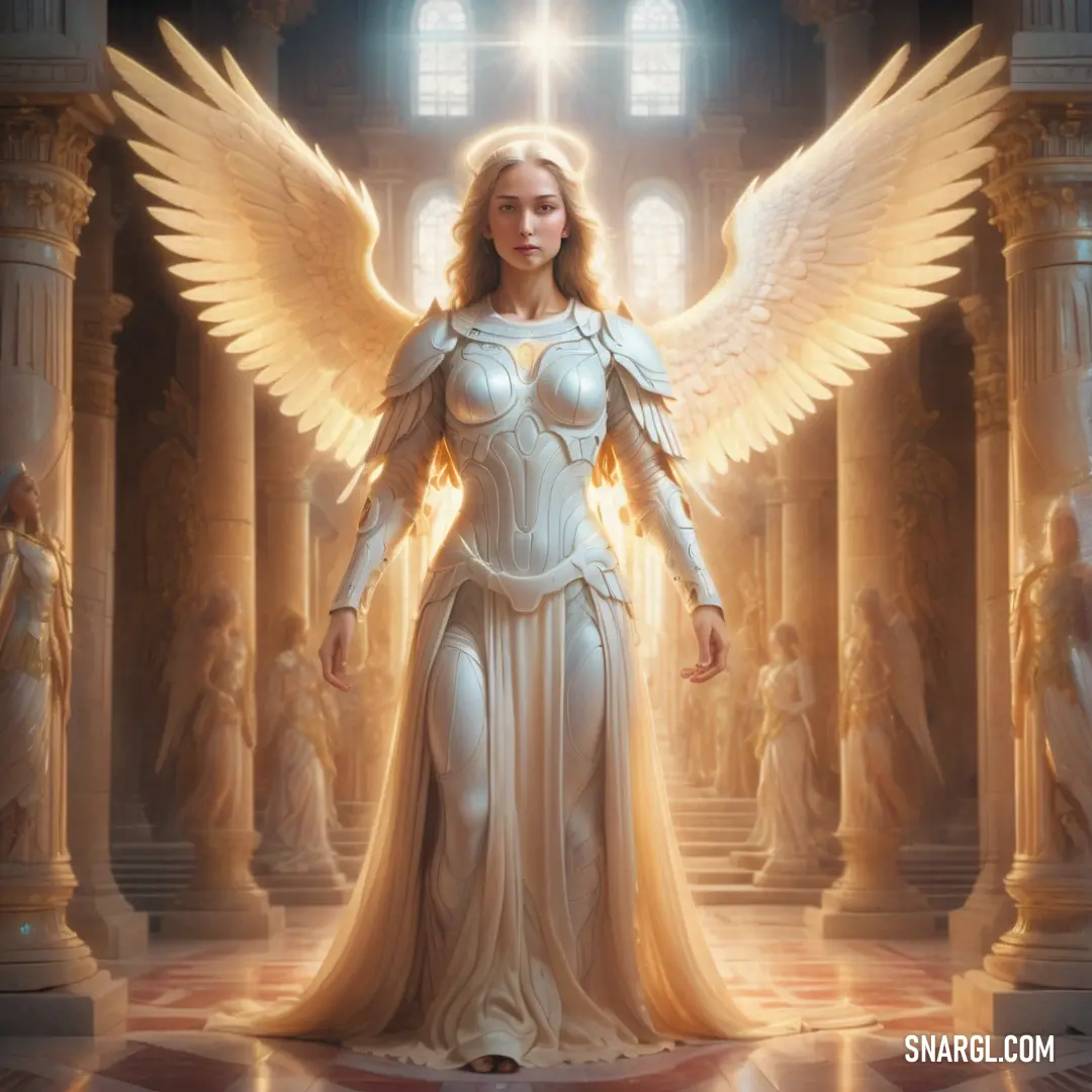 Archangel in a white dress with angel wings in a room with columns and pillars