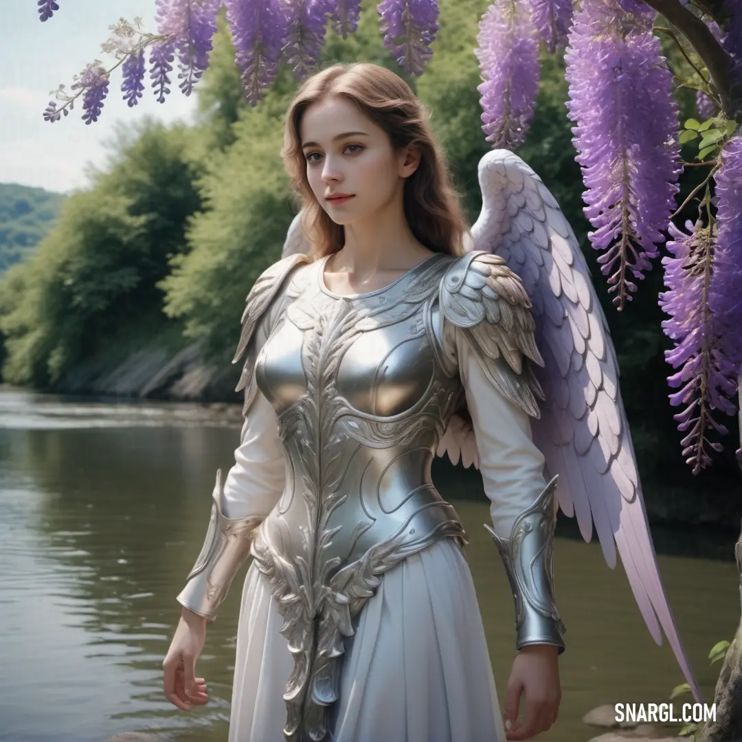 Archangel in a white dress with a large angel wings on her shoulders and a tree with purple flowers in the background