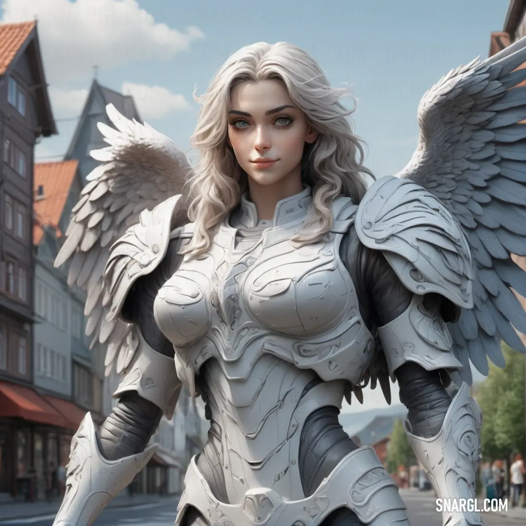 Archangel in a white suit with wings on a street corner with buildings in the background
