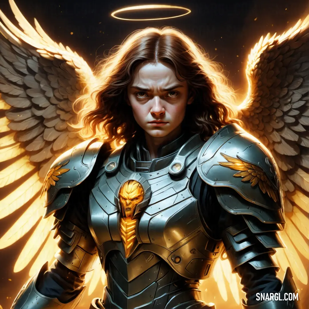Archangel in armor with wings and a halo around her head