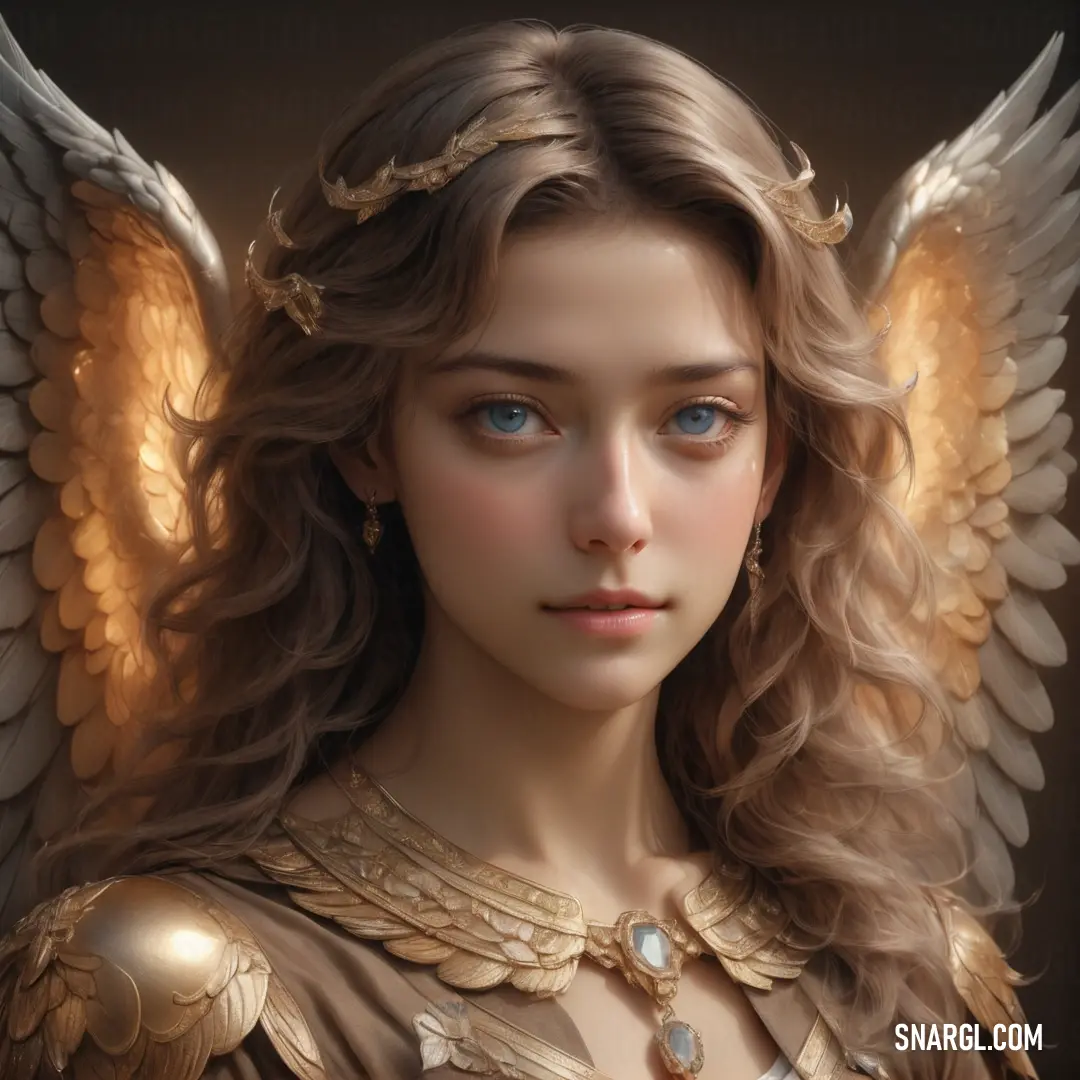 Archangel with a golden dress and wings on her head and a necklace on her neck