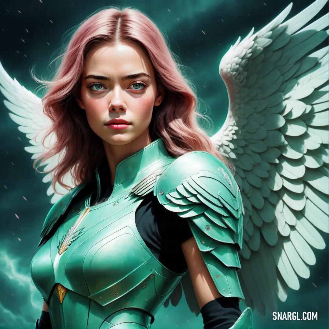 Archangel with a green suit and wings on her chest and a cloudy background with lightning behind her