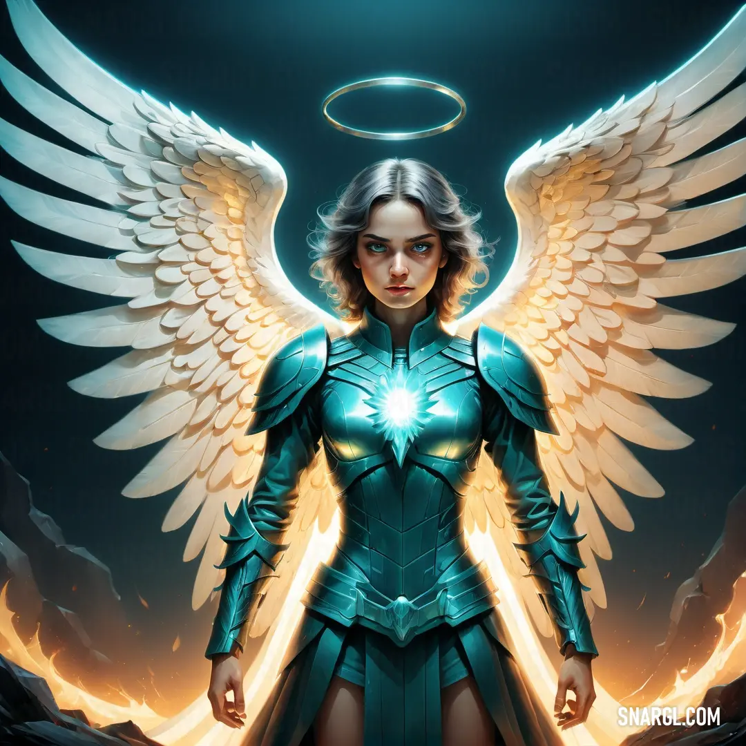 Archangel with angel wings and a halo around her neck