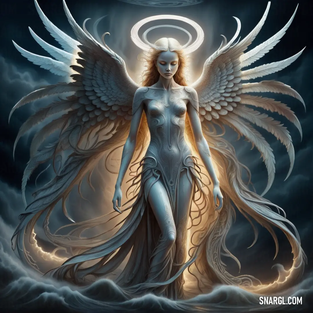 Archangel with angel wings standing in the clouds with a halo above her head