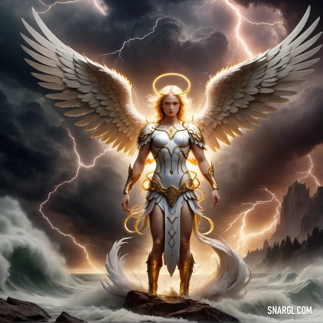 Archangel with angel wings standing in a storm with lightning behind her and a mountain in the background