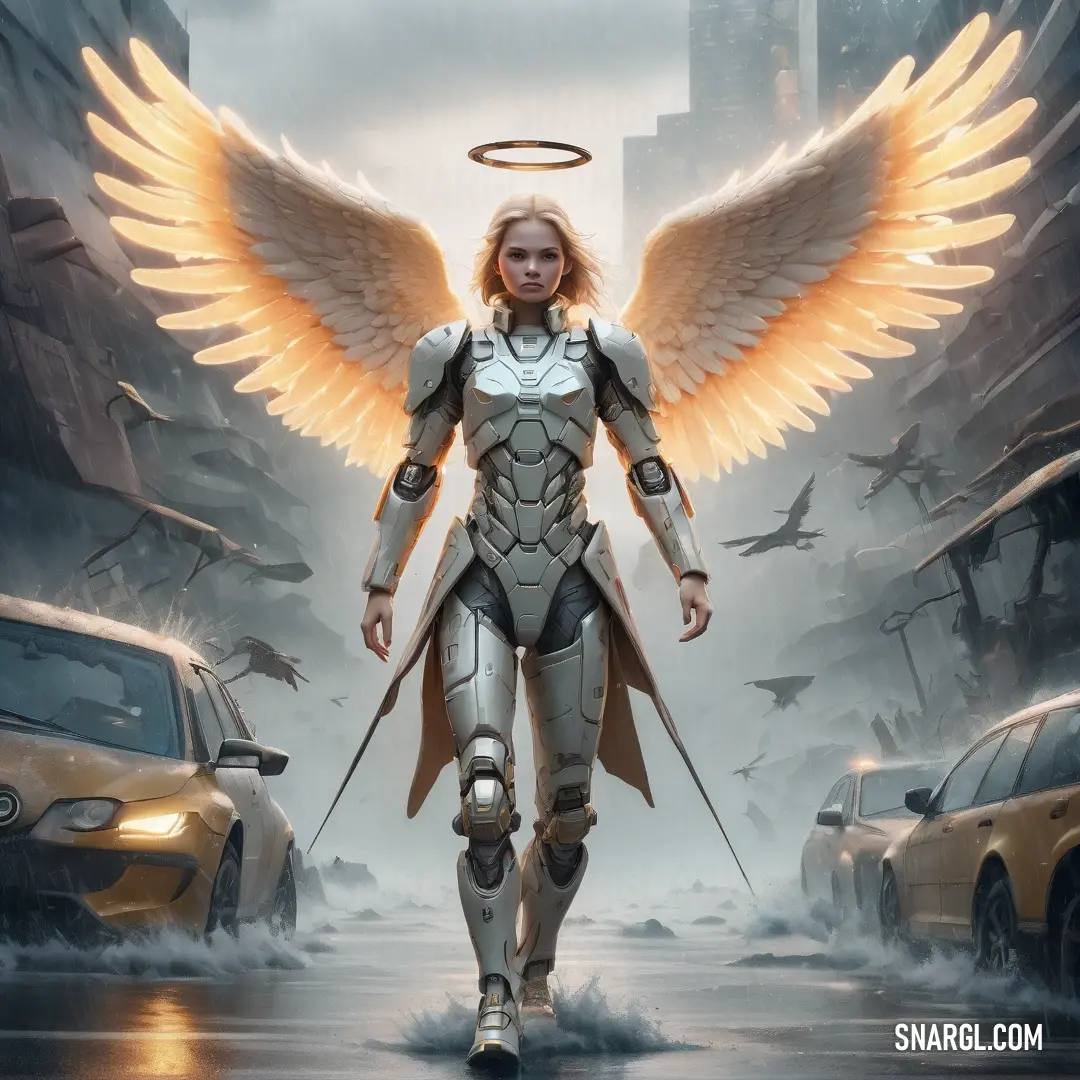 Archangel with angel wings walking through a city street with a halo on her head