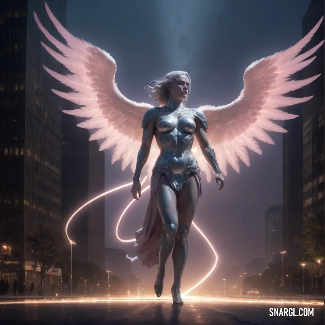 Archangel with angel wings walking in a city at night with a neon light behind her and a cityscape in the background
