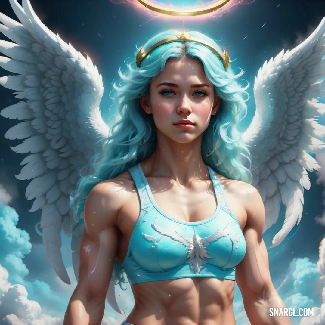 Archangel with blue hair and angel wings on her chest