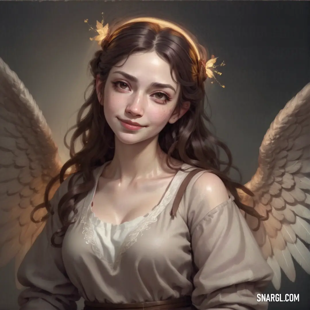 Archangel with long hair and angel wings on her head