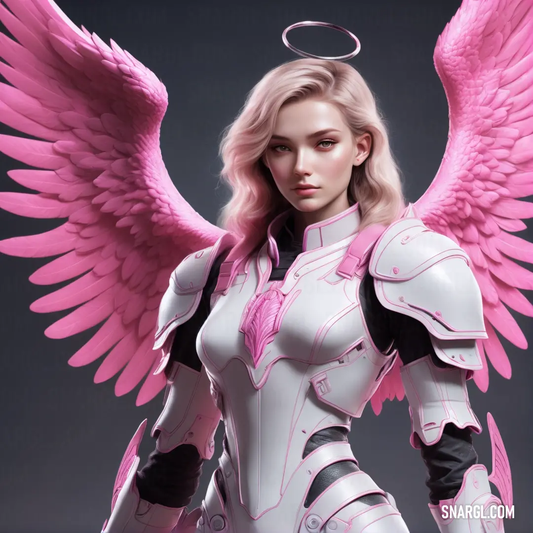 Archangel with pink wings and a white suit with black accents and a halo on her head and chest