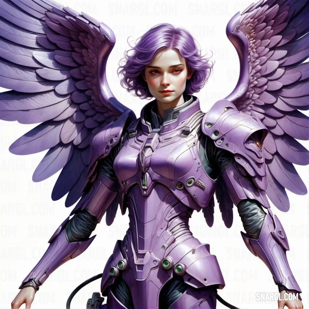 Archangel with purple hair and wings on her body and arms
