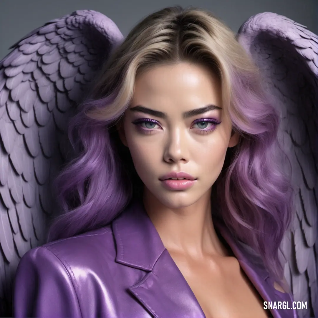 Archangel with purple hair and a purple jacket with wings on her head and shoulders