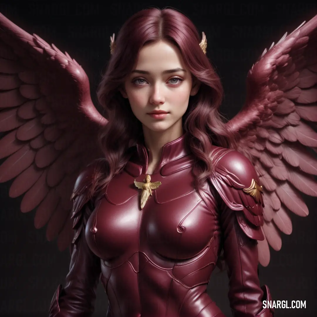 Archangel with red hair and wings on her body and chest