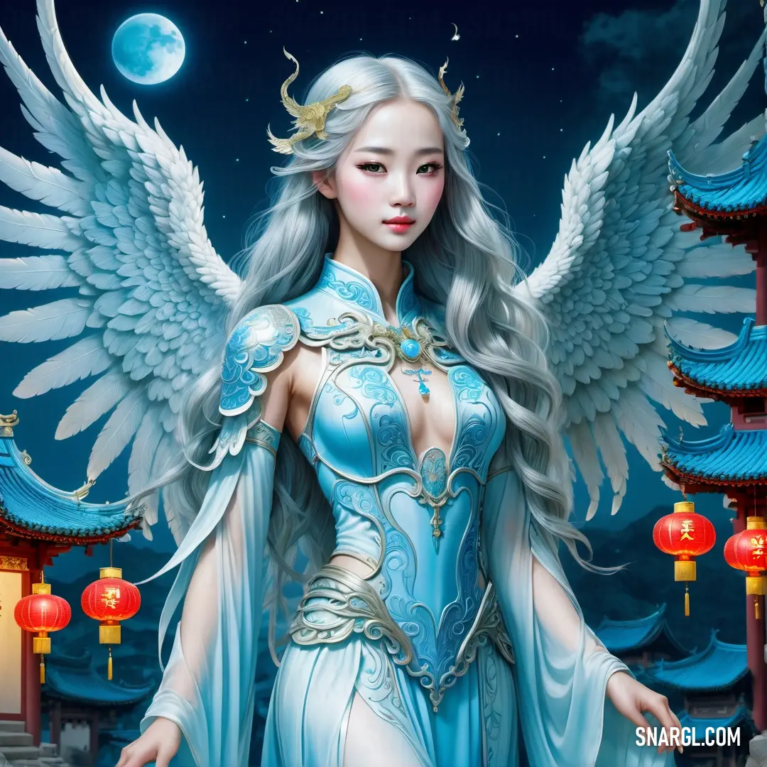 Archangel with white hair and wings standing in front of a building with lanterns and lanterns around her and a full moon in the sky