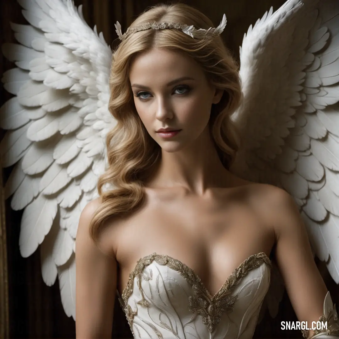 Archangel with white wings and a tiara on her head and shoulders