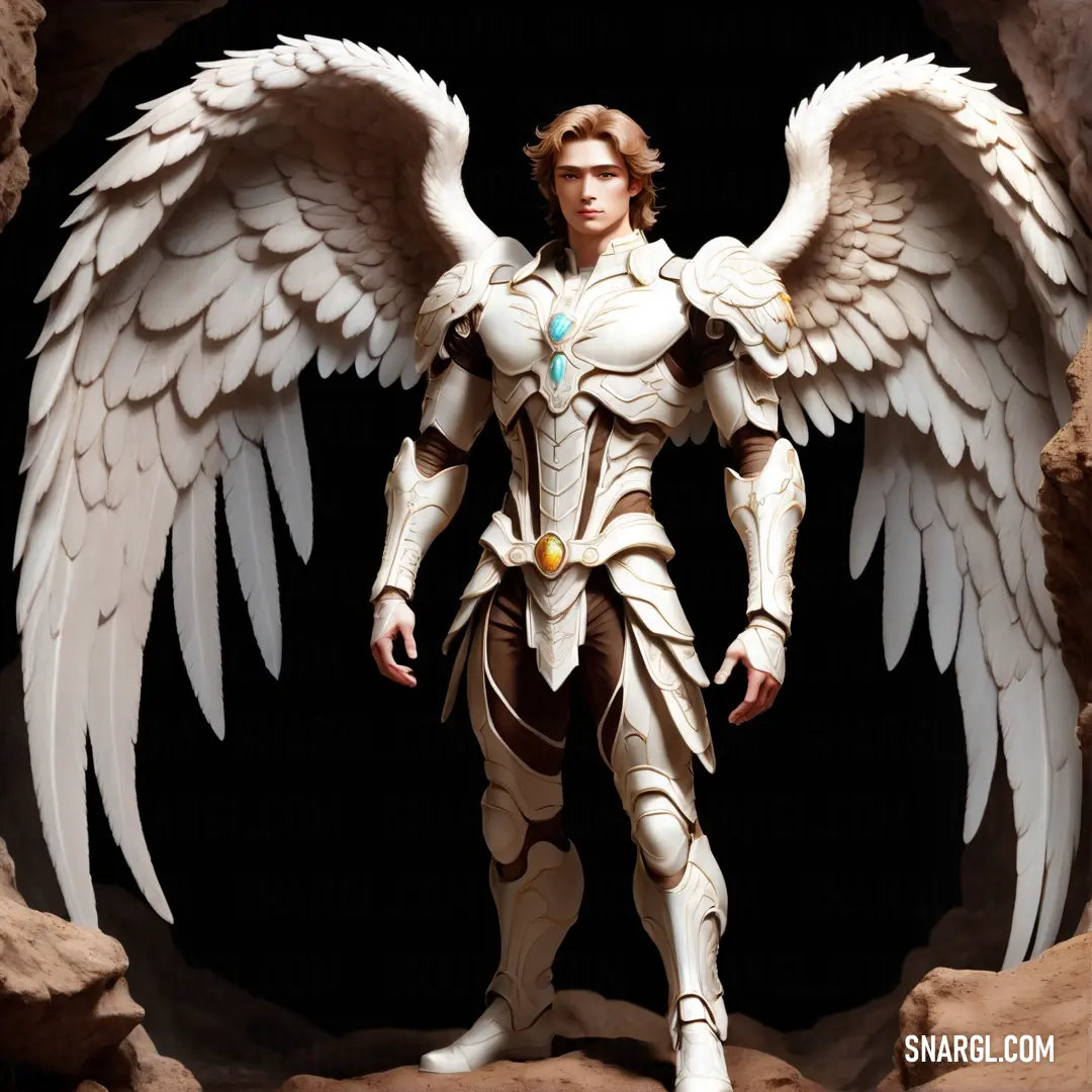 Archangel with white wings standing in a cave with a black background