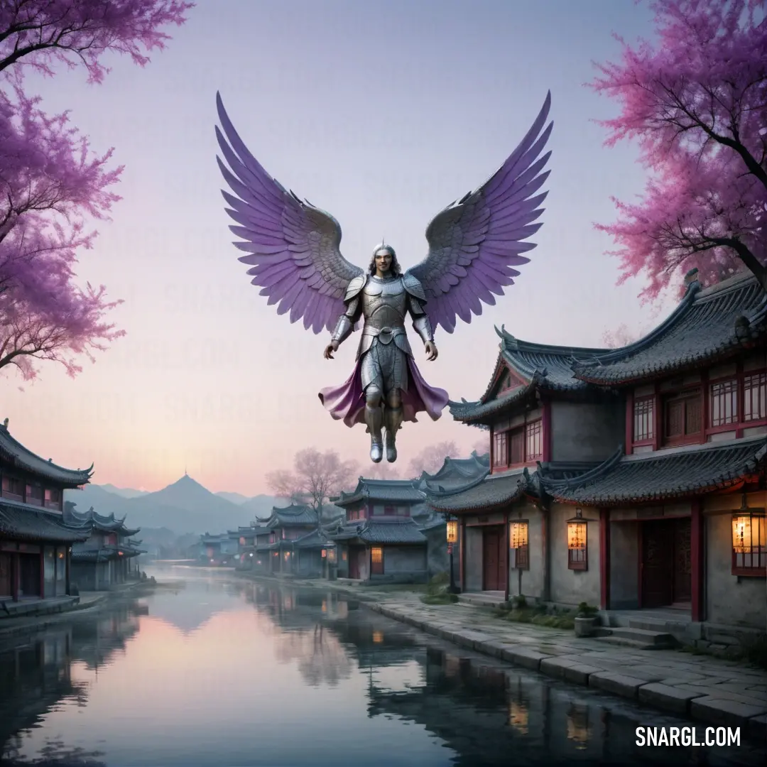 Archangel with wings flying over a body of water with buildings in the background and trees in the foreground