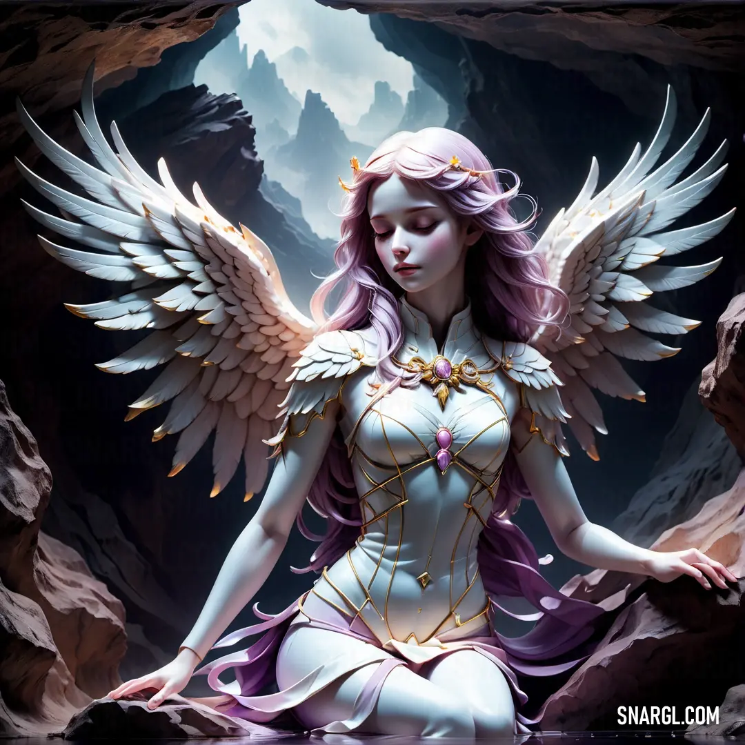 Archangel with wings on a rock in a cave with a mountain in the background