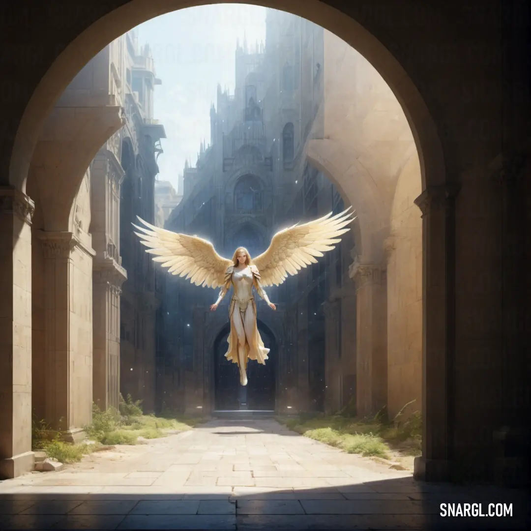 Archangel with wings is standing in an archway with a light shining on her face and body