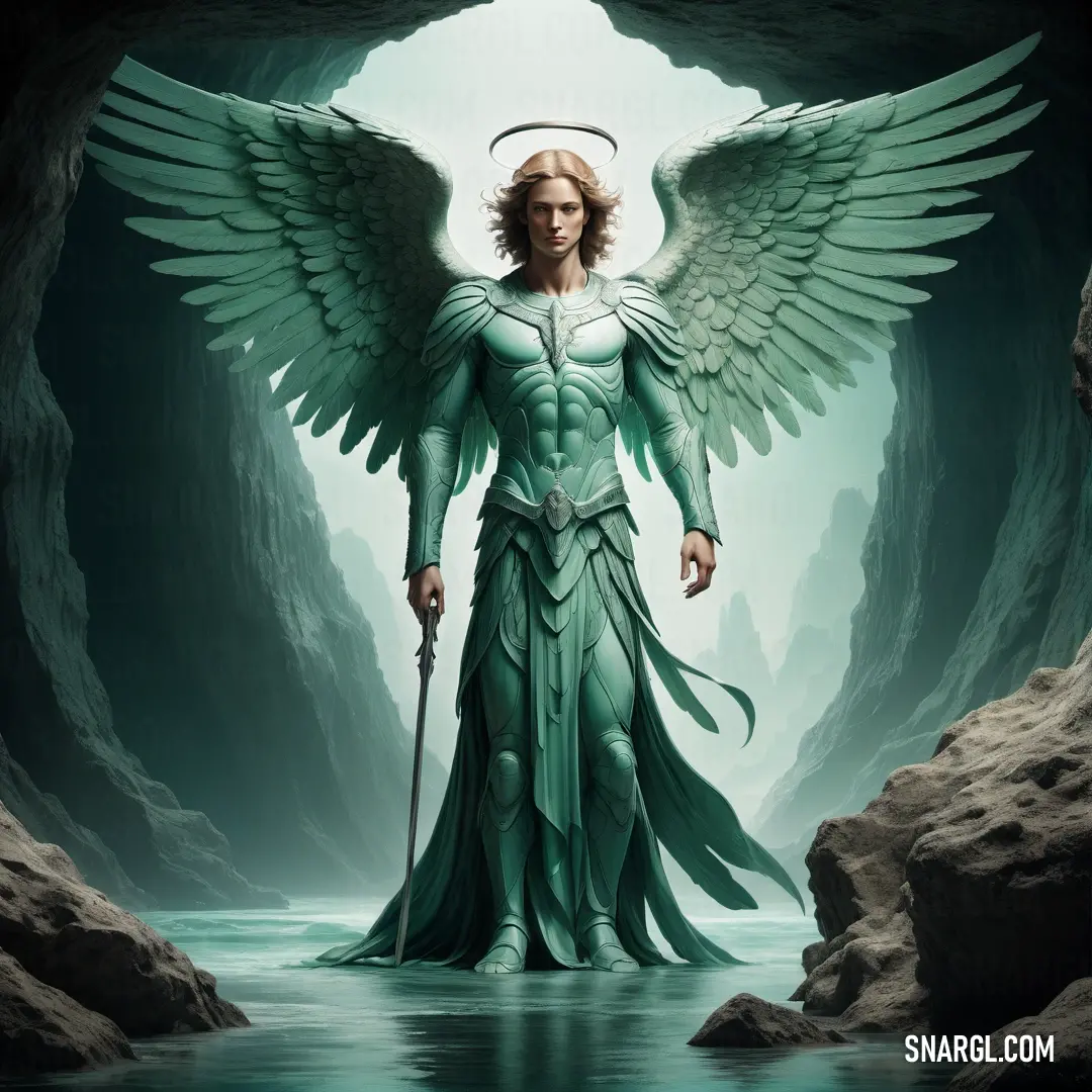 Archangel with wings and a sword standing in a cave with water and rocks in front of her