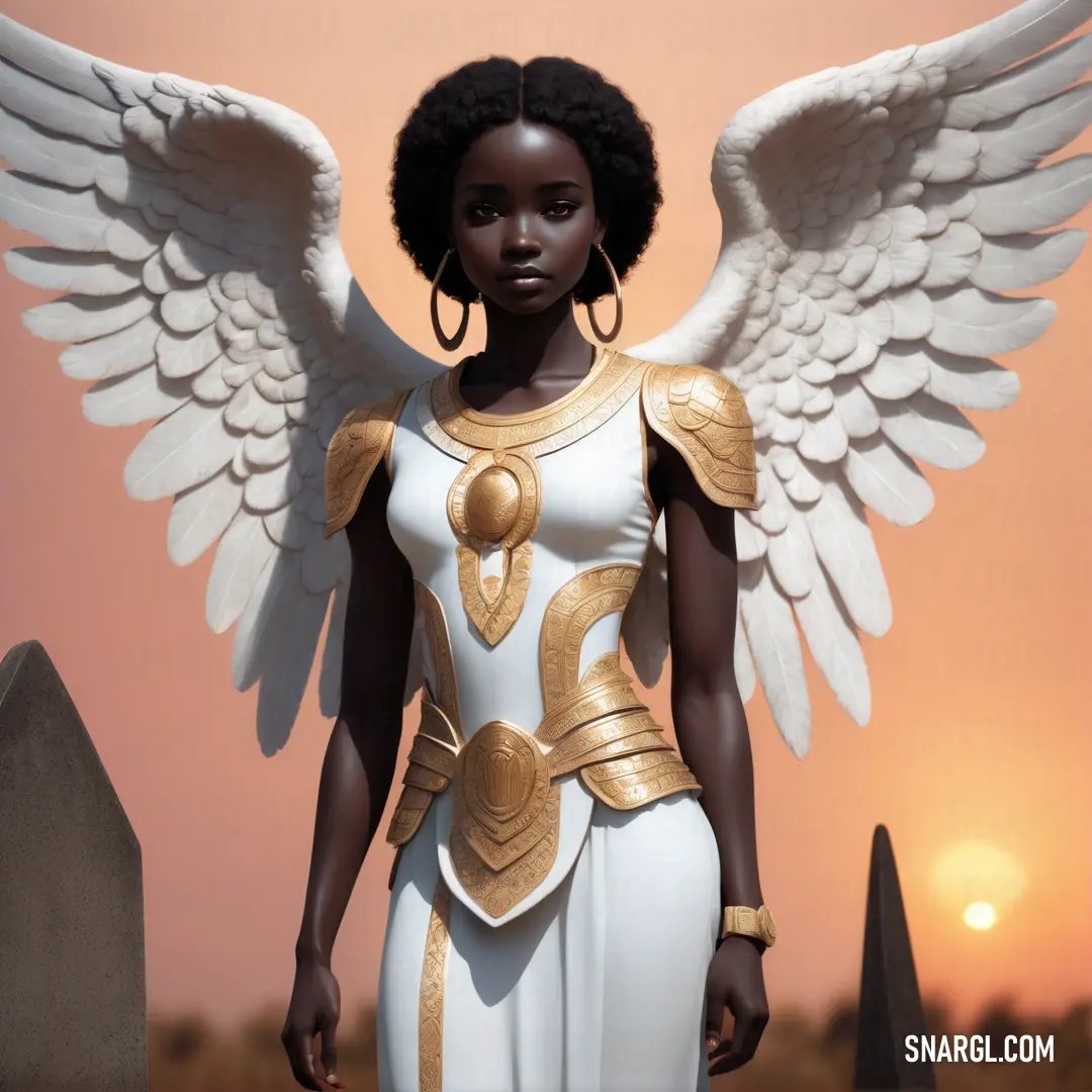 Archangel with wings and a white dress with gold accents stands in front of a grave with a sunset behind her